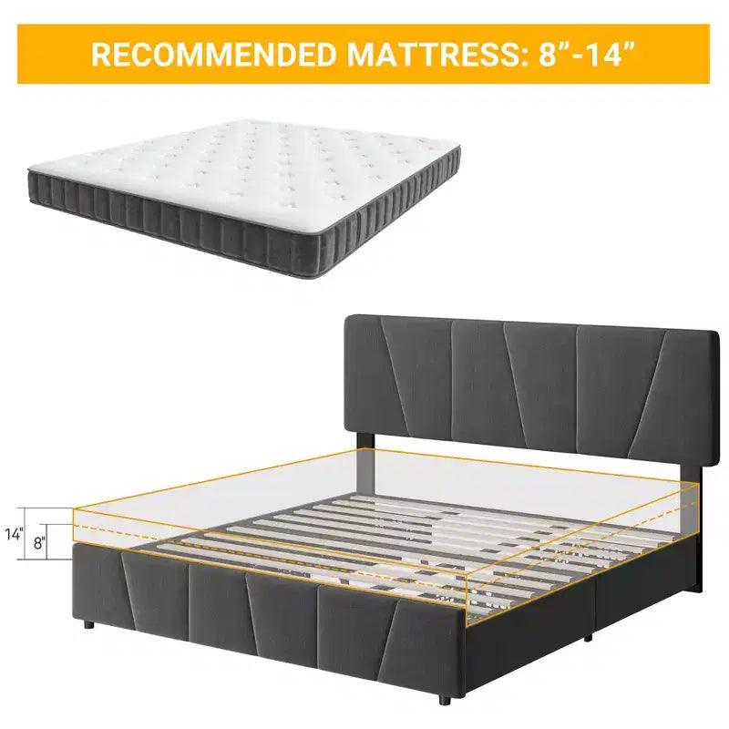 Bed Frame with Adjustable Headboard, 4 Storage Drawers and Wooden Slats Support