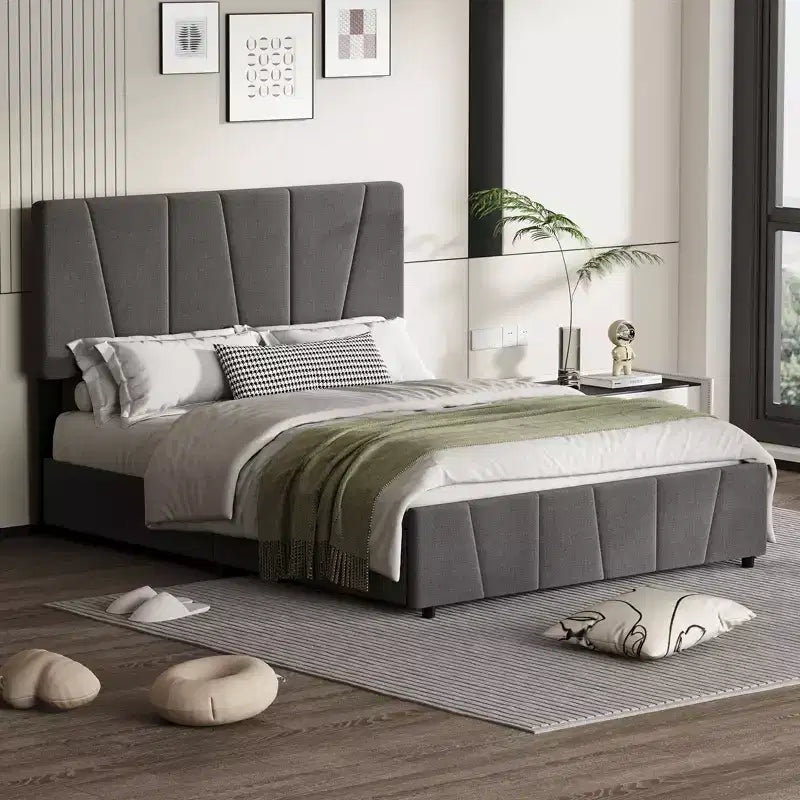 Bed Frame with Adjustable Headboard, 4 Storage Drawers and Wooden Slats Support