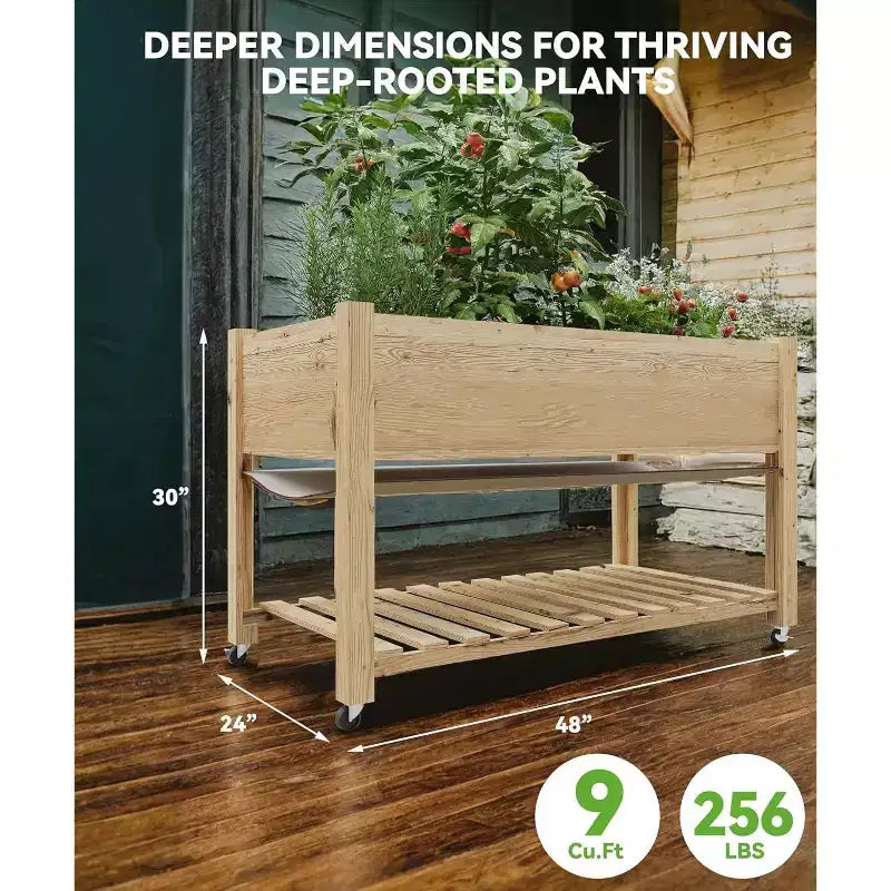 Raised Garden Bed, 48x24x32 Inch Wooden Planter Box with Locking Wheels - Indoor/Outdoor Herb Veggie Flower Planter