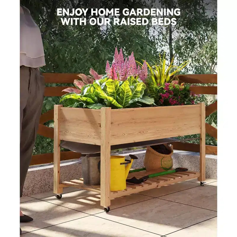 Raised Garden Bed, 48x24x32 Inch Wooden Planter Box with Locking Wheels - Indoor/Outdoor Herb Veggie Flower Planter