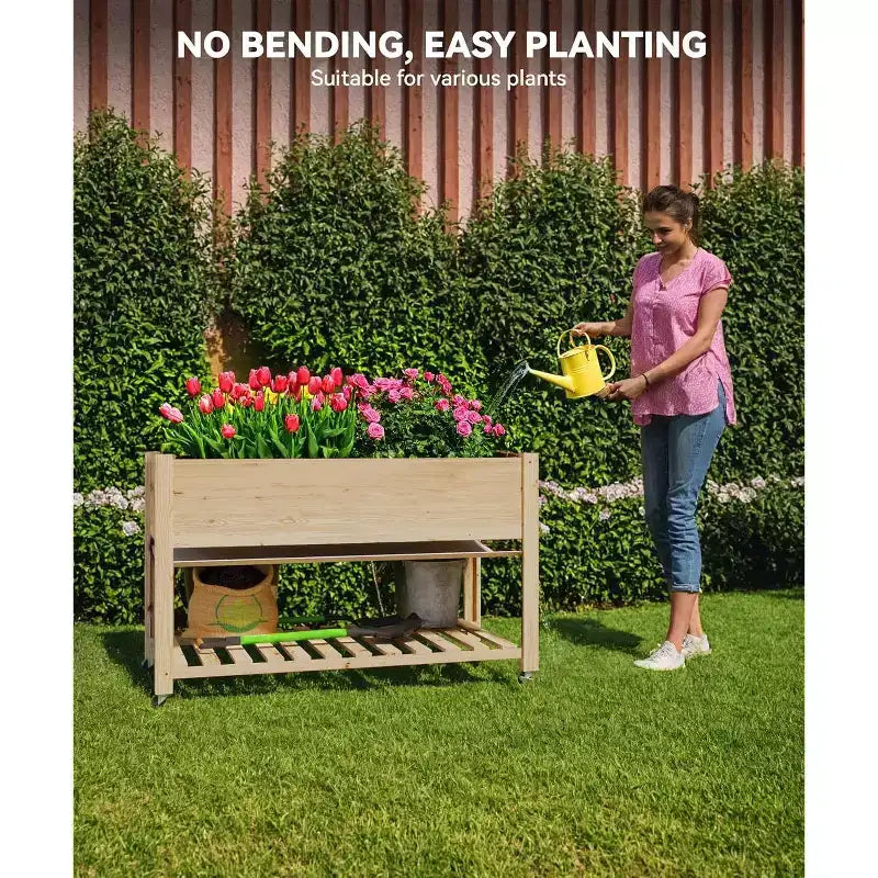 Raised Garden Bed, 48x24x32 Inch Wooden Planter Box with Locking Wheels - Indoor/Outdoor Herb Veggie Flower Planter
