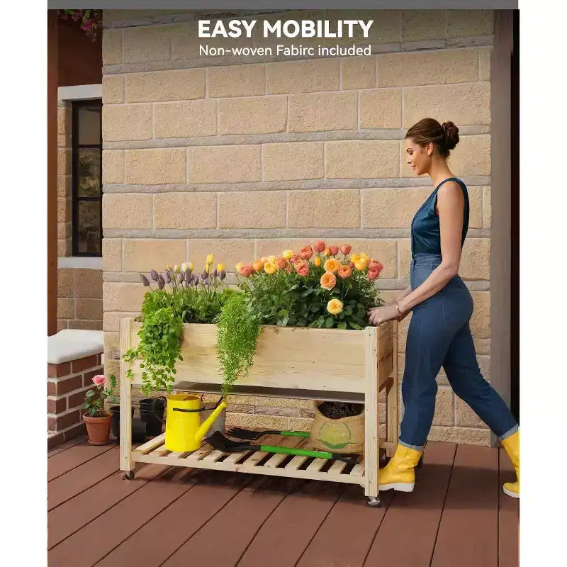 Raised Garden Bed, 48x24x32 Inch Wooden Planter Box with Locking Wheels - Indoor/Outdoor Herb Veggie Flower Planter