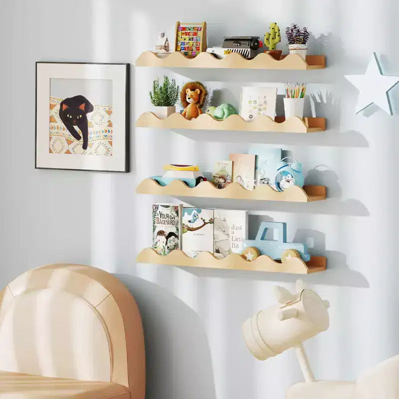 Costway Kids Bookshelf Set of 4 with Fir Wood Structure & Wavy Anti-Falling Edge