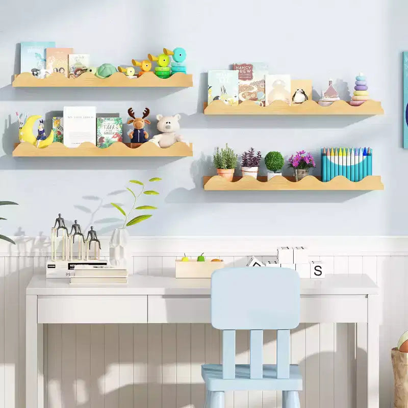 Costway Kids Bookshelf Set of 4 with Fir Wood Structure & Wavy Anti-Falling Edge
