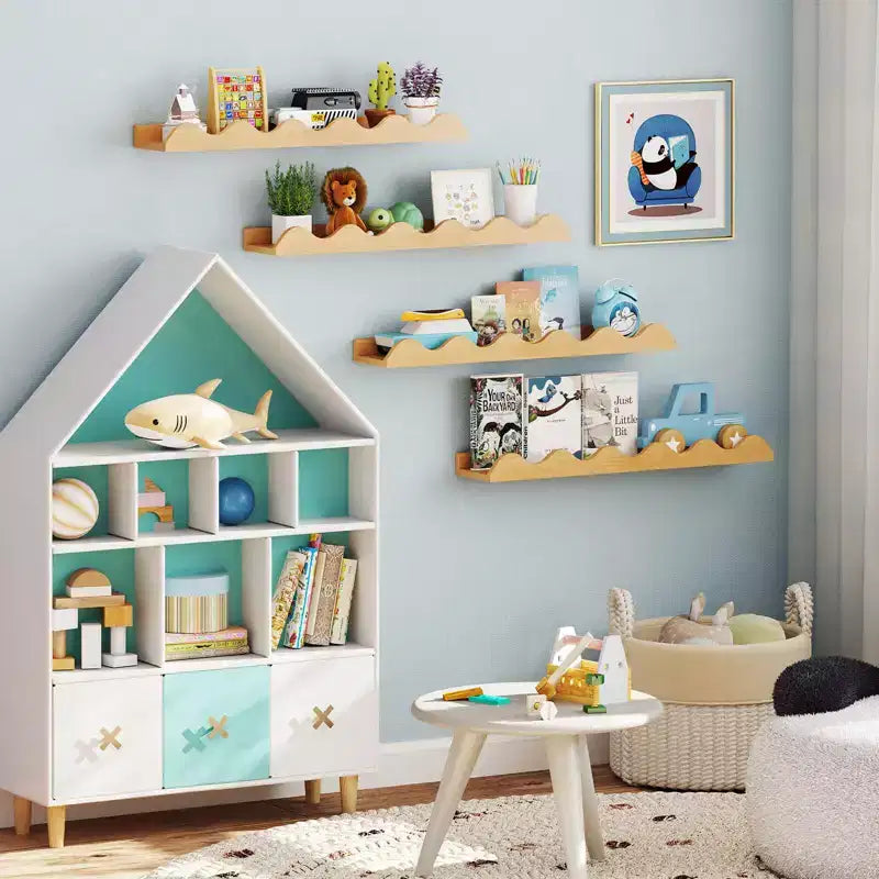 Costway Kids Bookshelf Set of 4 with Fir Wood Structure & Wavy Anti-Falling Edge