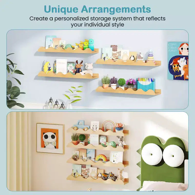 Costway Kids Bookshelf Set of 4 with Fir Wood Structure & Wavy Anti-Falling Edge