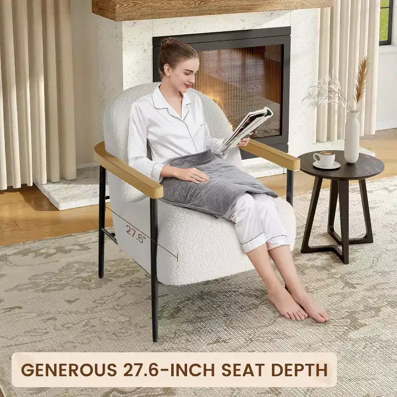 White & Black Faux Lambswool Accent Chair with Wooden Arms - Cozy Modern Lounge Chair for Living Room
