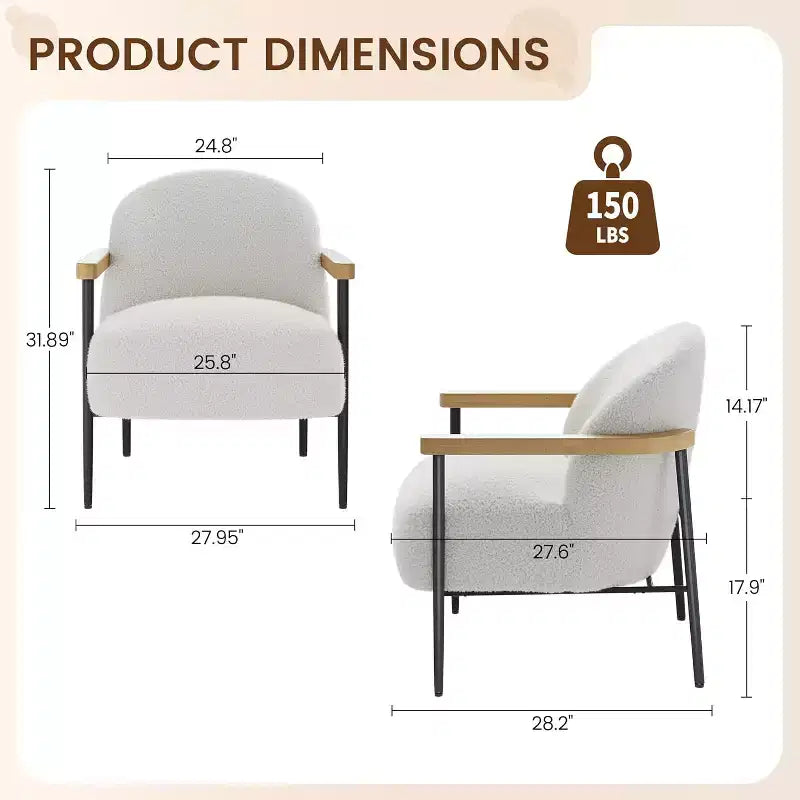 White & Black Faux Lambswool Accent Chair with Wooden Arms - Cozy Modern Lounge Chair for Living Room