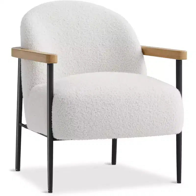 White & Black Faux Lambswool Accent Chair with Wooden Arms - Cozy Modern Lounge Chair for Living Room