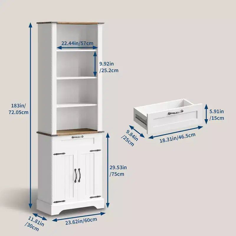4-Tier Bookshelf with Storage Cabinet, Barn Door and Drawer, 72 Inch Tall Adjustable Freestanding Bookcase for Office and Home