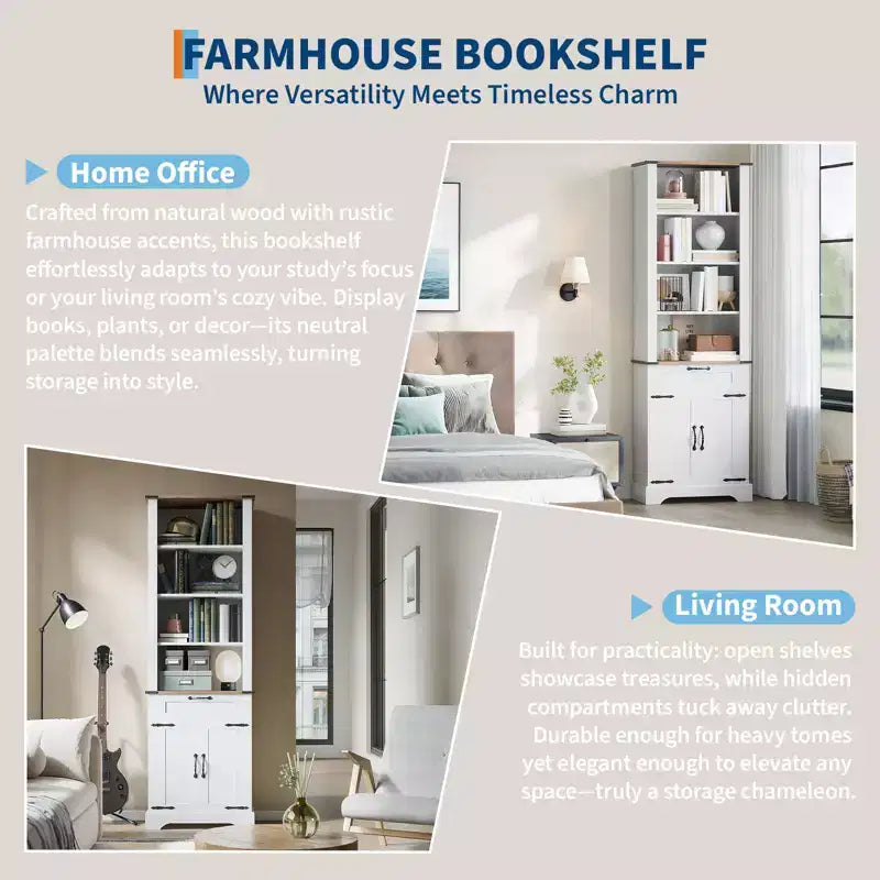 4-Tier Bookshelf with Storage Cabinet, Barn Door and Drawer, 72 Inch Tall Adjustable Freestanding Bookcase for Office and Home