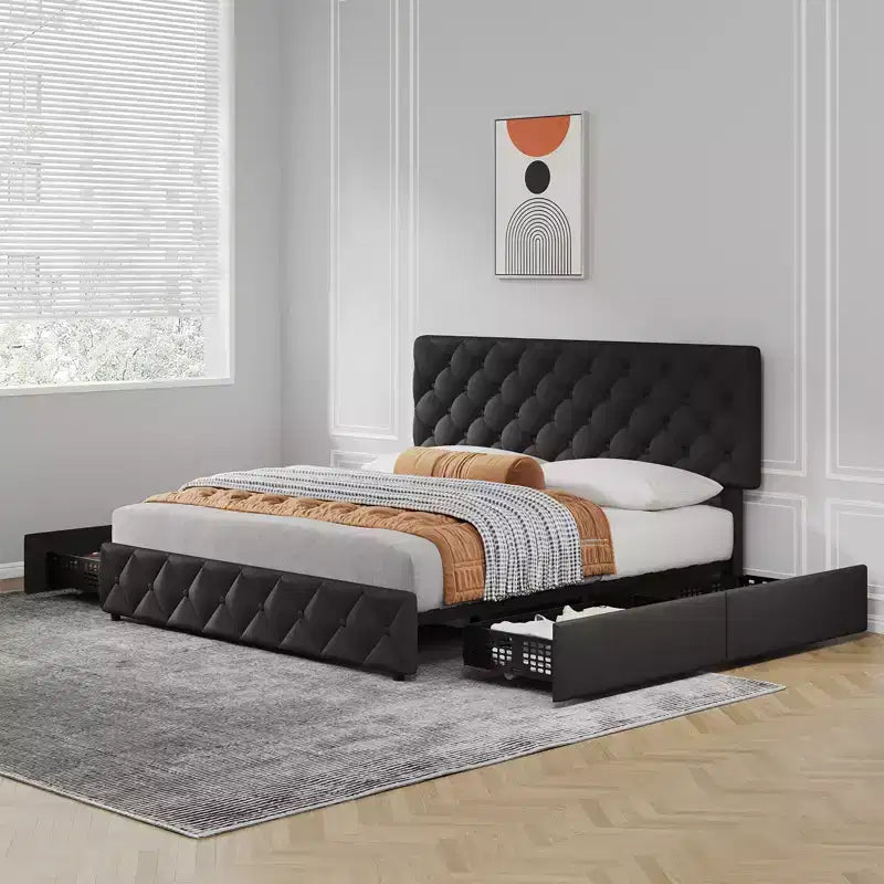Modern Upholstered Bed Frame with Footboard, Adjustable Headboard, 4 Drawers Wooden and Slats Support