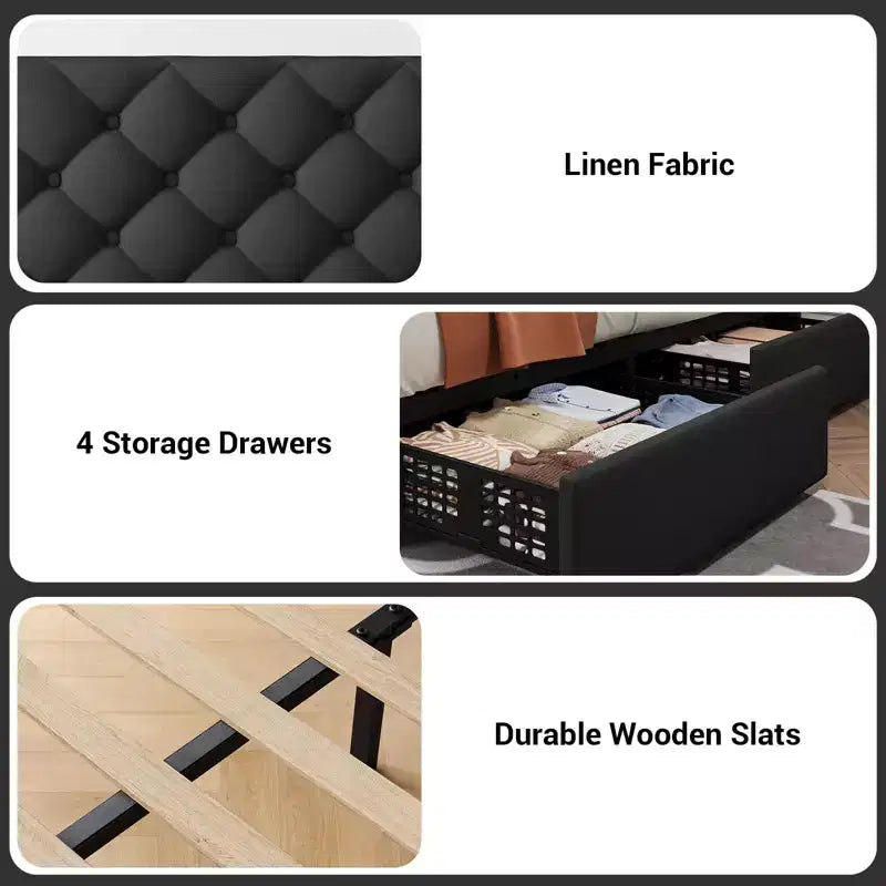 Modern Upholstered Bed Frame with Footboard, Adjustable Headboard, 4 Drawers Wooden and Slats Support
