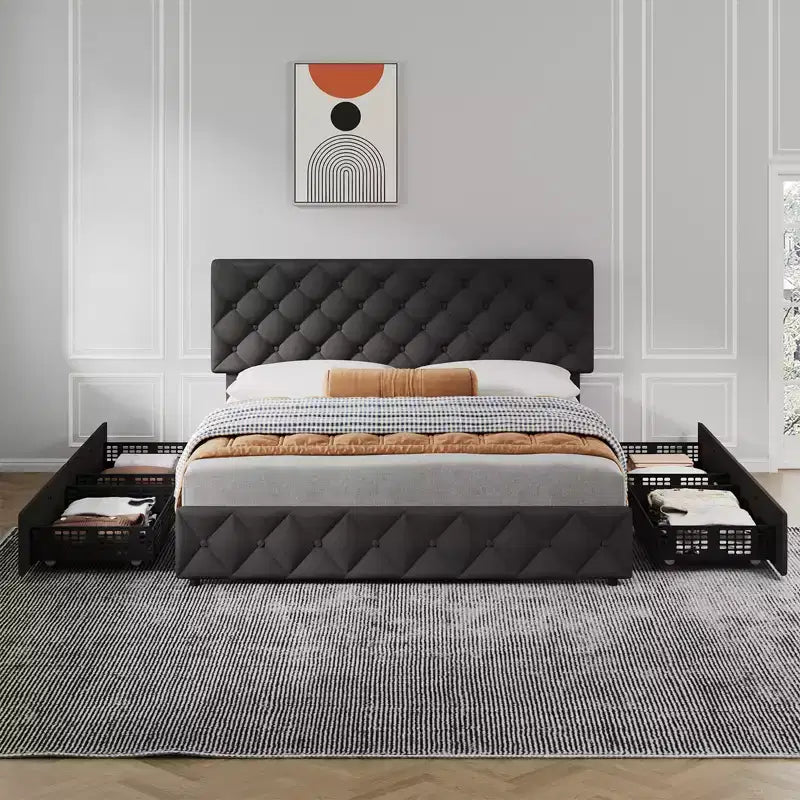 Modern Upholstered Bed Frame with Footboard, Adjustable Headboard, 4 Drawers Wooden and Slats Support