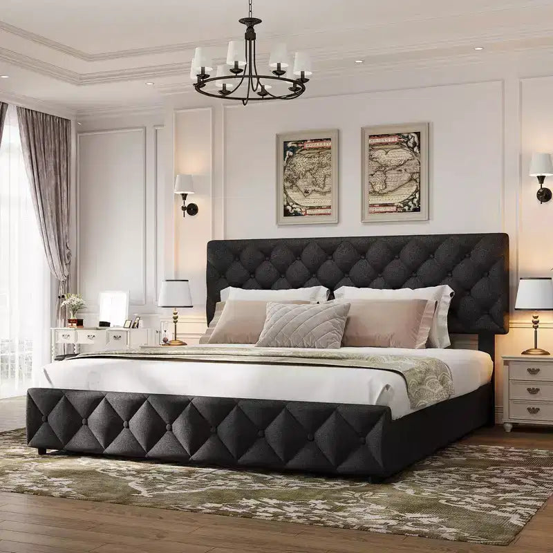 Modern Upholstered Bed Frame with Footboard, Adjustable Headboard, 4 Drawers Wooden and Slats Support