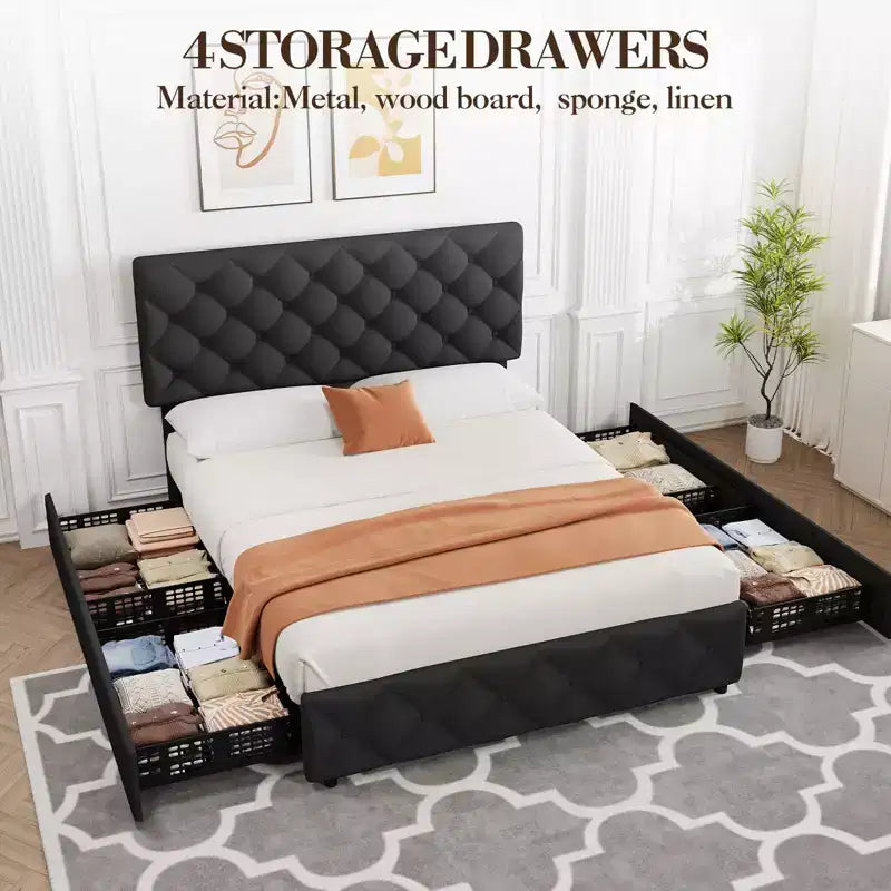Modern Upholstered Bed Frame with Footboard, Adjustable Headboard, 4 Drawers Wooden and Slats Support