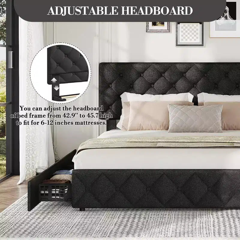 Modern Upholstered Bed Frame with Footboard, Adjustable Headboard, 4 Drawers Wooden and Slats Support