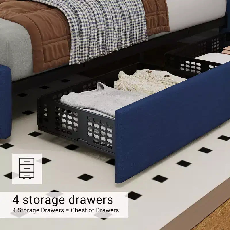 Modern Upholstered Bed Frame with Footboard, Adjustable Headboard, 4 Drawers Wooden and Slats Support