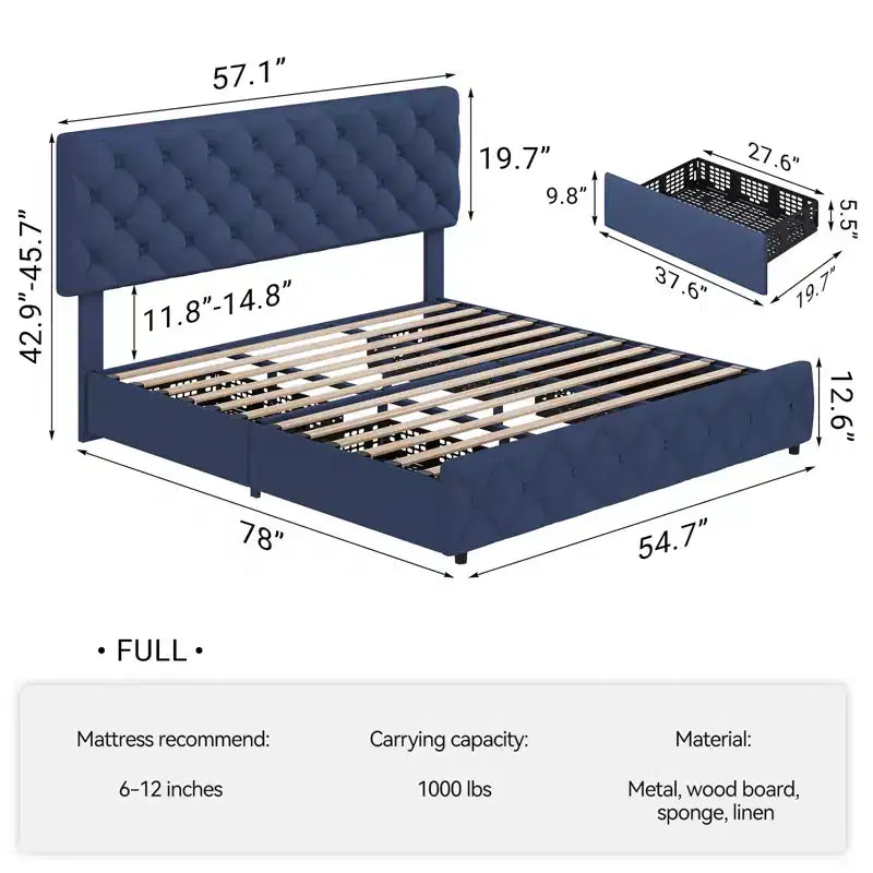 Modern Upholstered Bed Frame with Footboard, Adjustable Headboard, 4 Drawers Wooden and Slats Support