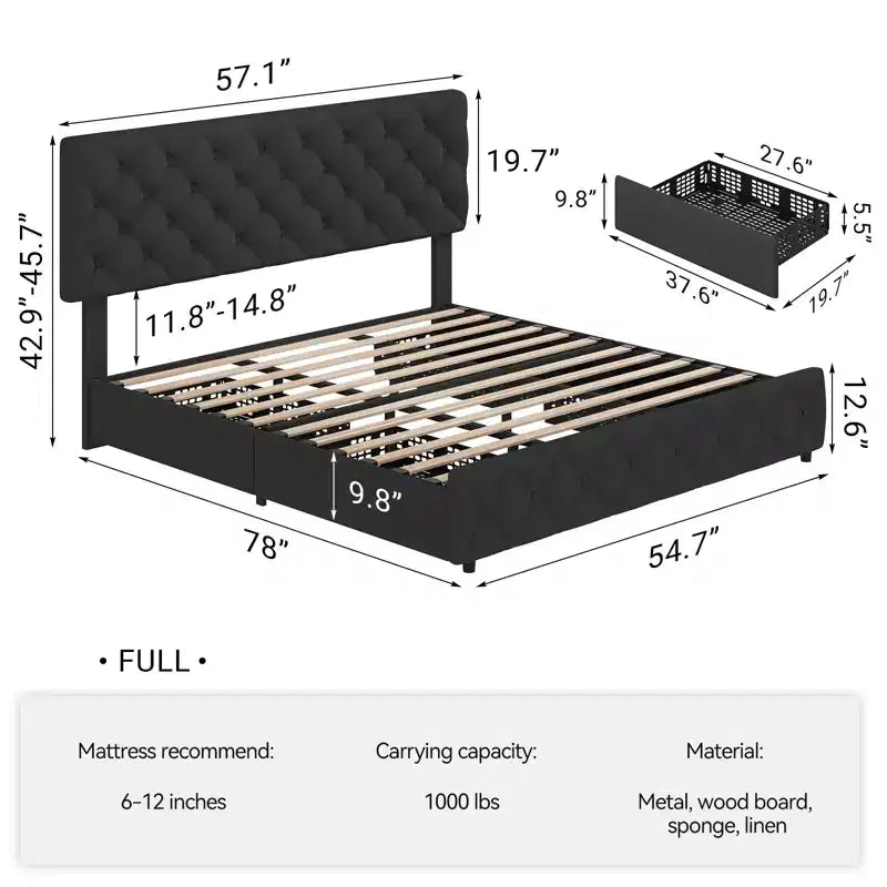 Modern Upholstered Bed Frame with Footboard, Adjustable Headboard, 4 Drawers Wooden and Slats Support