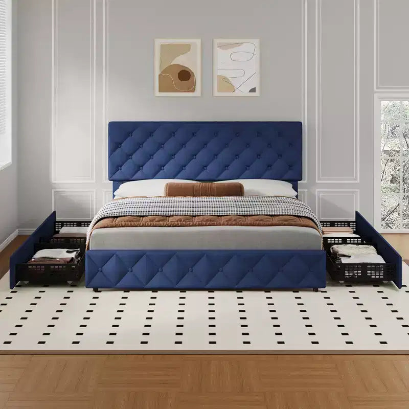 Modern Upholstered Bed Frame with Footboard, Adjustable Headboard, 4 Drawers Wooden and Slats Support
