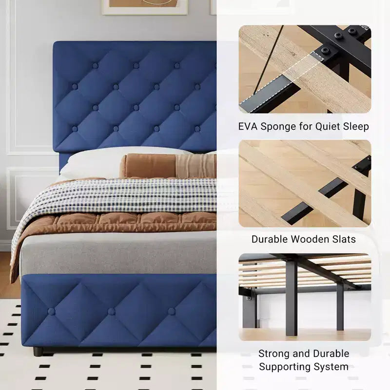 Modern Upholstered Bed Frame with Footboard, Adjustable Headboard, 4 Drawers Wooden and Slats Support