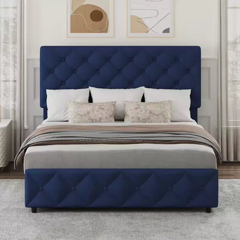 Modern Upholstered Bed Frame with Footboard, Adjustable Headboard, 4 Drawers Wooden and Slats Support