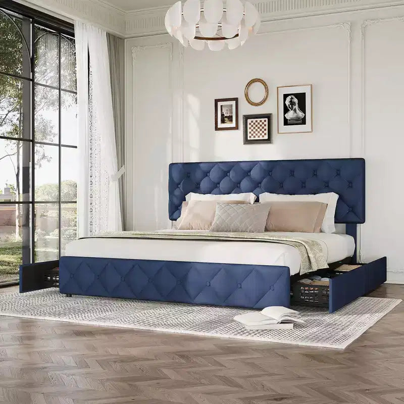 Modern Upholstered Bed Frame with Footboard, Adjustable Headboard, 4 Drawers Wooden and Slats Support