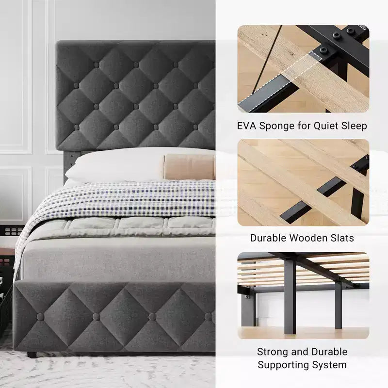 Modern Upholstered Bed Frame with Footboard, Adjustable Headboard, 4 Drawers Wooden and Slats Support
