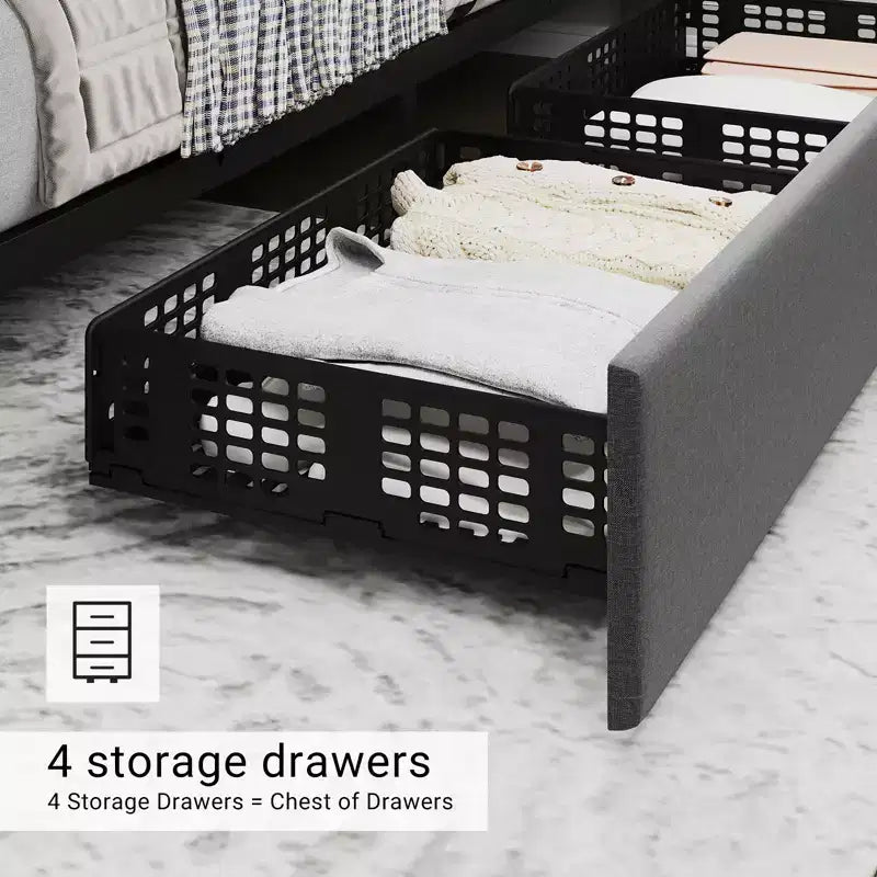 Modern Upholstered Bed Frame with Footboard, Adjustable Headboard, 4 Drawers Wooden and Slats Support