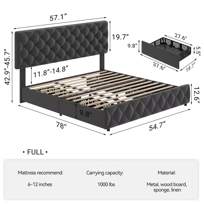 Modern Upholstered Bed Frame with Footboard, Adjustable Headboard, 4 Drawers Wooden and Slats Support