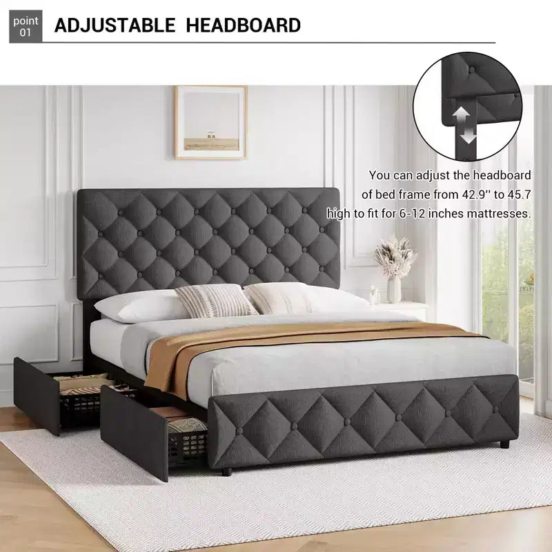Modern Upholstered Bed Frame with Footboard, Adjustable Headboard, 4 Drawers Wooden and Slats Support
