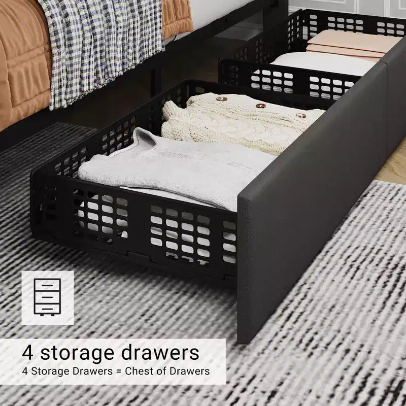 Modern Upholstered Bed Frame with Footboard, Adjustable Headboard, 4 Drawers Wooden and Slats Support