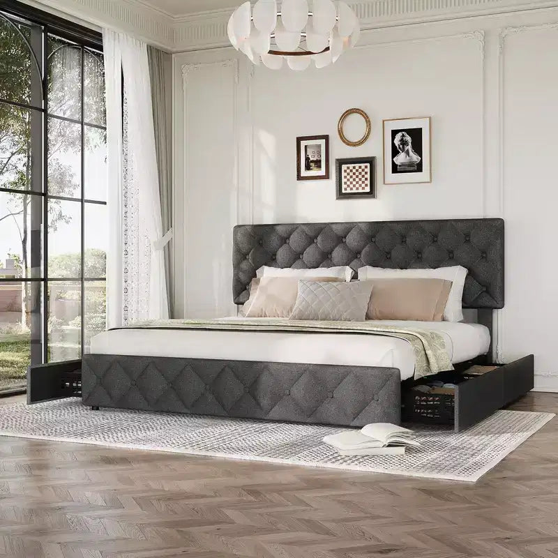 Modern Upholstered Bed Frame with Footboard, Adjustable Headboard, 4 Drawers Wooden and Slats Support