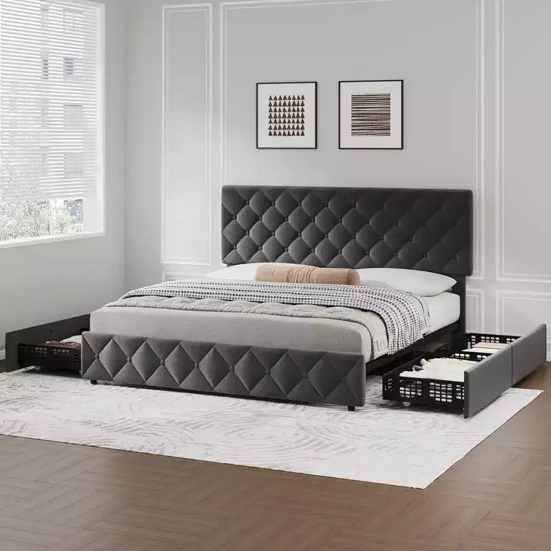 Modern Upholstered Bed Frame with Footboard, Adjustable Headboard, 4 Drawers Wooden and Slats Support