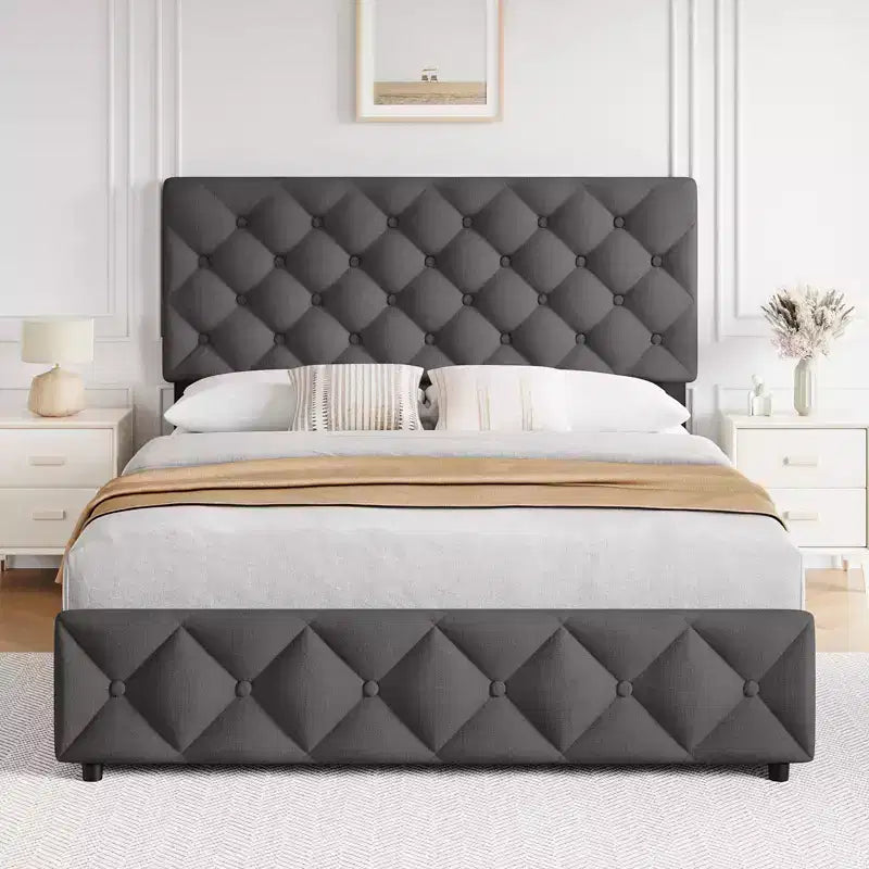 Modern Upholstered Bed Frame with Footboard, Adjustable Headboard, 4 Drawers Wooden and Slats Support
