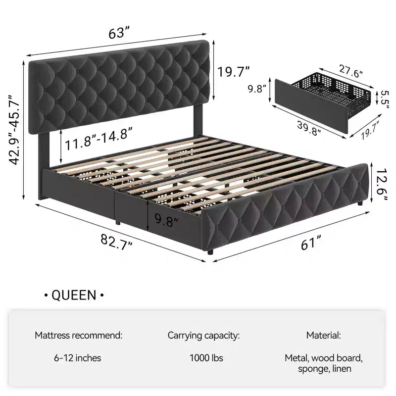 Modern Upholstered Bed Frame with Footboard, Adjustable Headboard, 4 Drawers Wooden and Slats Support