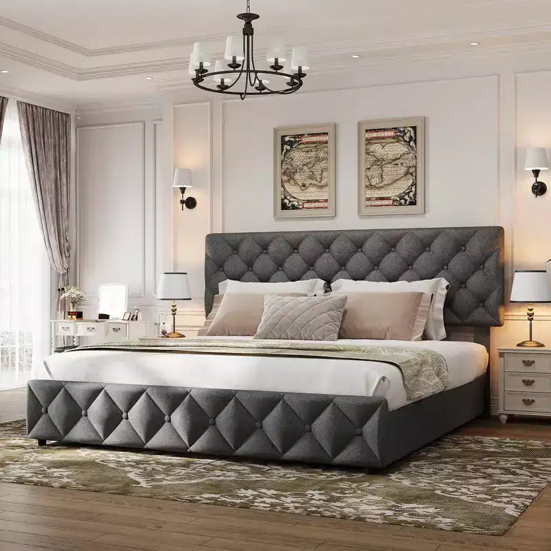 Modern Upholstered Bed Frame with Footboard, Adjustable Headboard, 4 Drawers Wooden and Slats Support