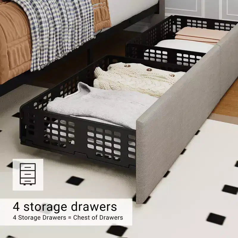 Modern Upholstered Bed Frame with Footboard, Adjustable Headboard, 4 Drawers Wooden and Slats Support