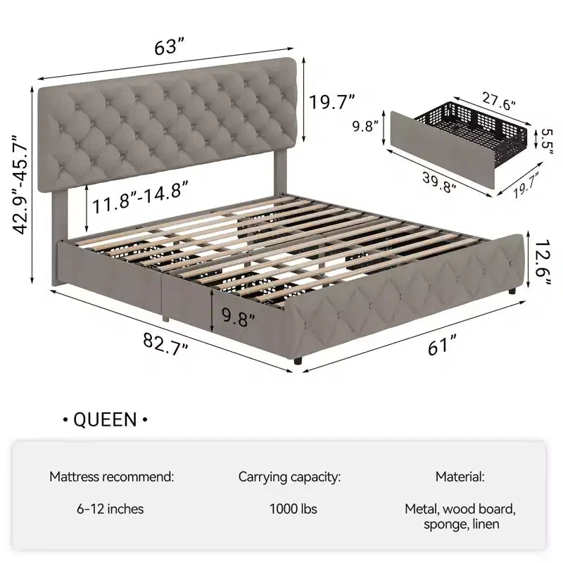 Modern Upholstered Bed Frame with Footboard, Adjustable Headboard, 4 Drawers Wooden and Slats Support