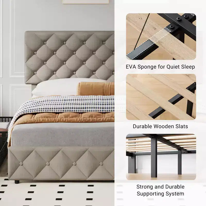 Modern Upholstered Bed Frame with Footboard, Adjustable Headboard, 4 Drawers Wooden and Slats Support
