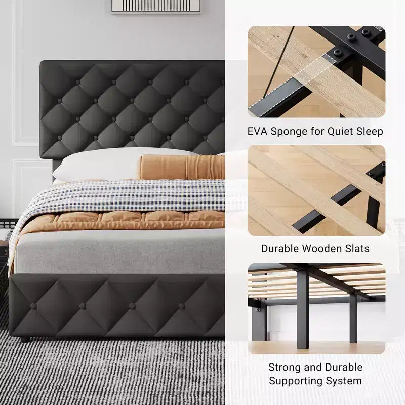 Modern Upholstered Bed Frame with Footboard, Adjustable Headboard, 4 Drawers Wooden and Slats Support
