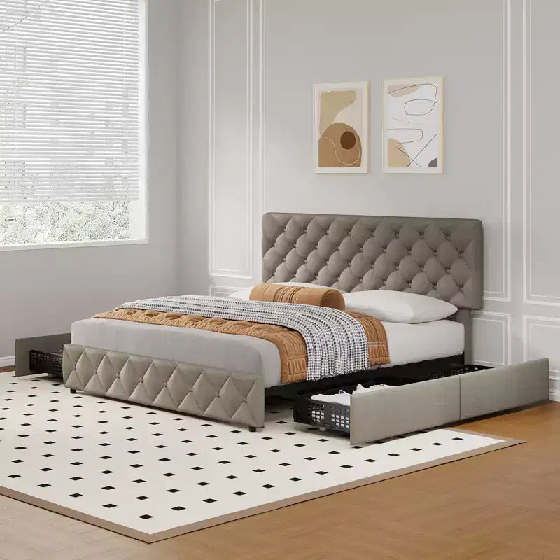 Modern Upholstered Bed Frame with Footboard, Adjustable Headboard, 4 Drawers Wooden and Slats Support