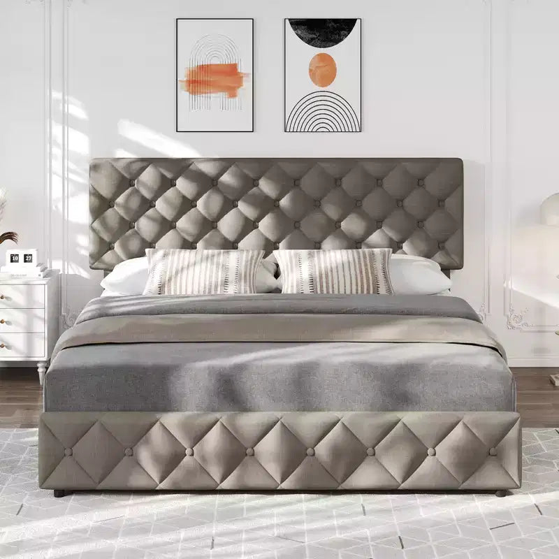 Modern Upholstered Bed Frame with Footboard, Adjustable Headboard, 4 Drawers Wooden and Slats Support