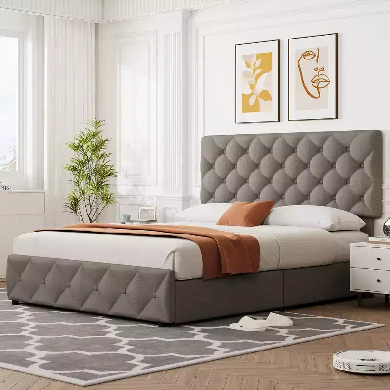 Modern Upholstered Bed Frame with Footboard, Adjustable Headboard, 4 Drawers Wooden and Slats Support