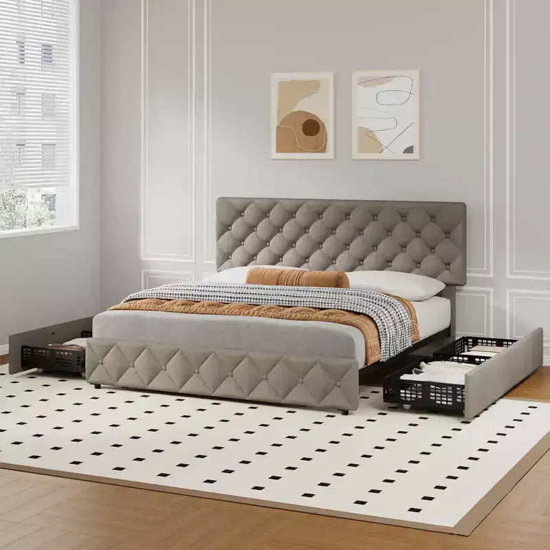 Modern Upholstered Bed Frame with Footboard, Adjustable Headboard, 4 Drawers Wooden and Slats Support