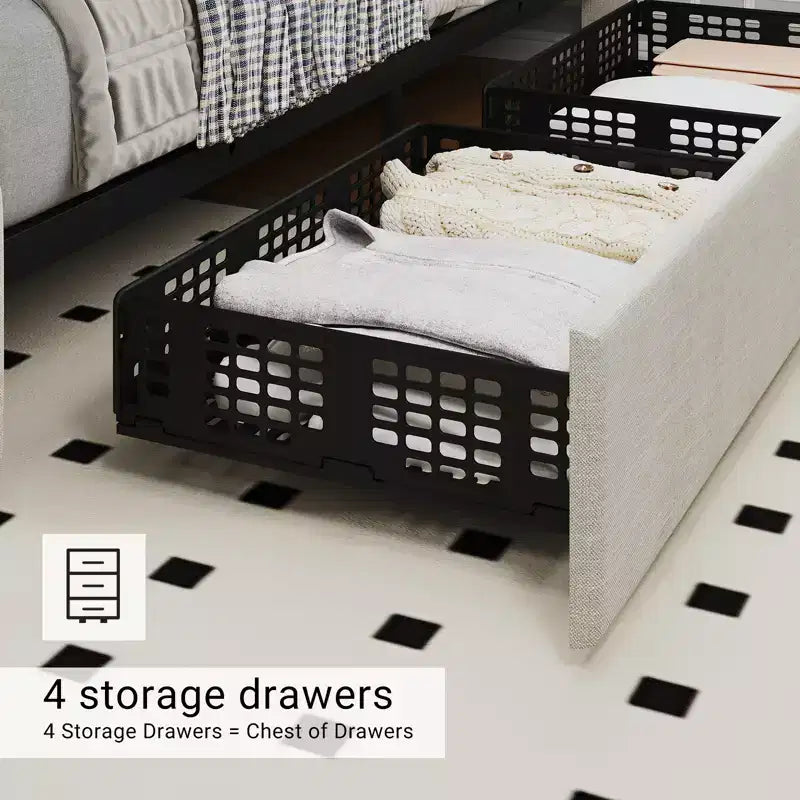 Modern Upholstered Bed Frame with Footboard, Adjustable Headboard, 4 Drawers Wooden and Slats Support