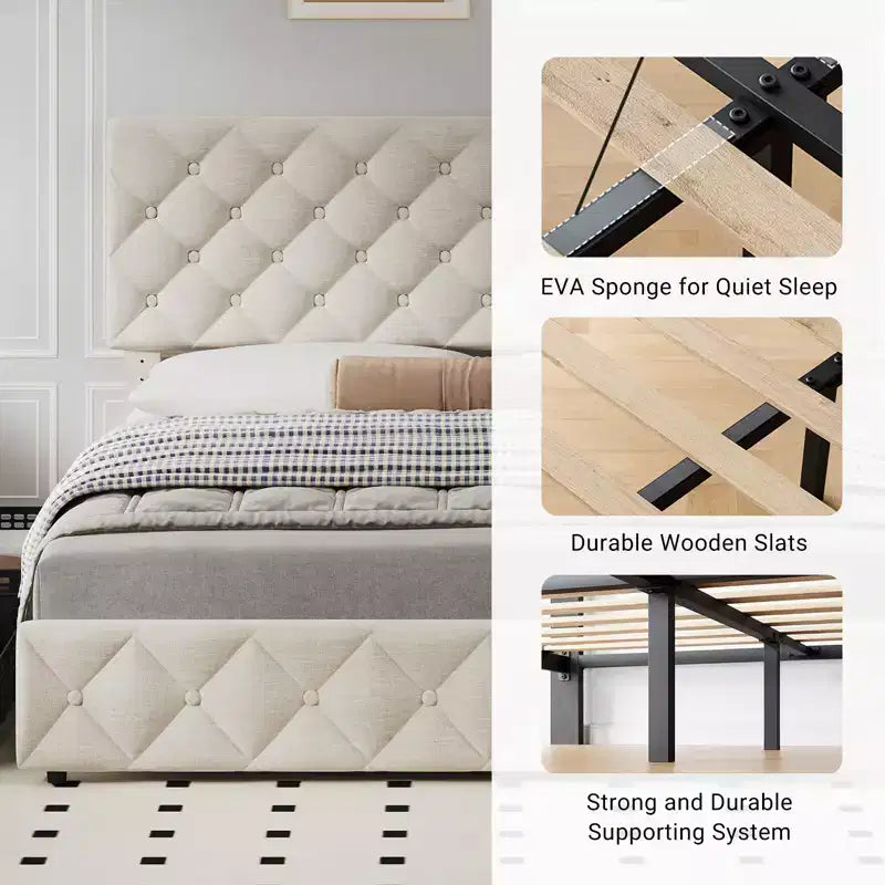 Modern Upholstered Bed Frame with Footboard, Adjustable Headboard, 4 Drawers Wooden and Slats Support