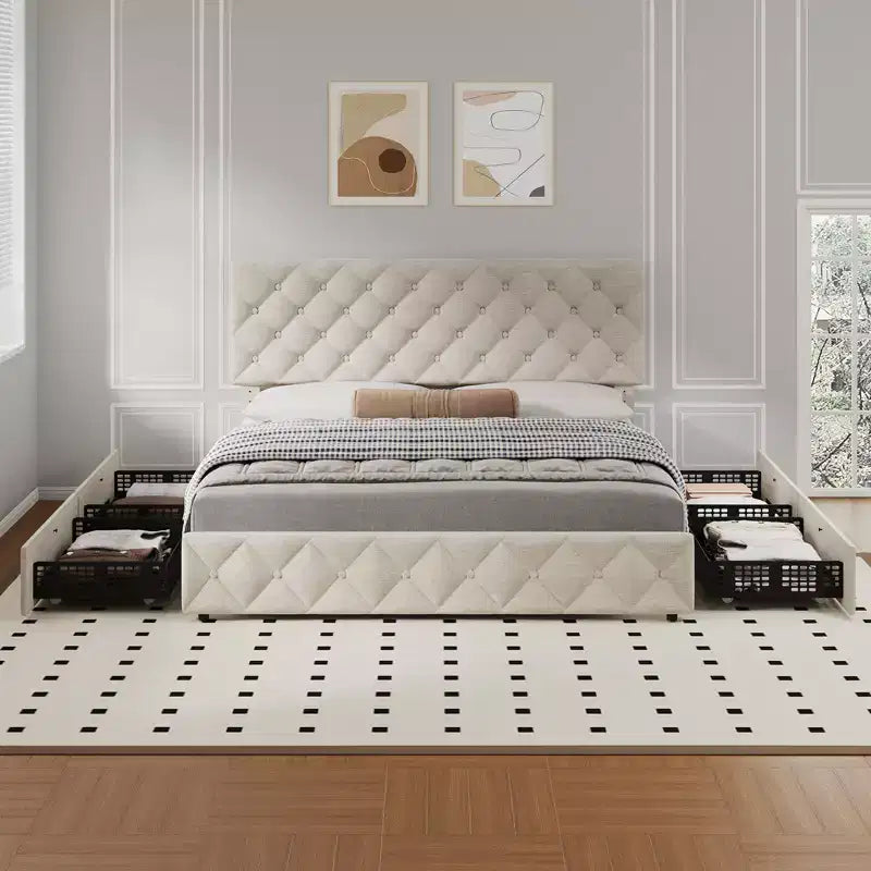 Modern Upholstered Bed Frame with Footboard, Adjustable Headboard, 4 Drawers Wooden and Slats Support