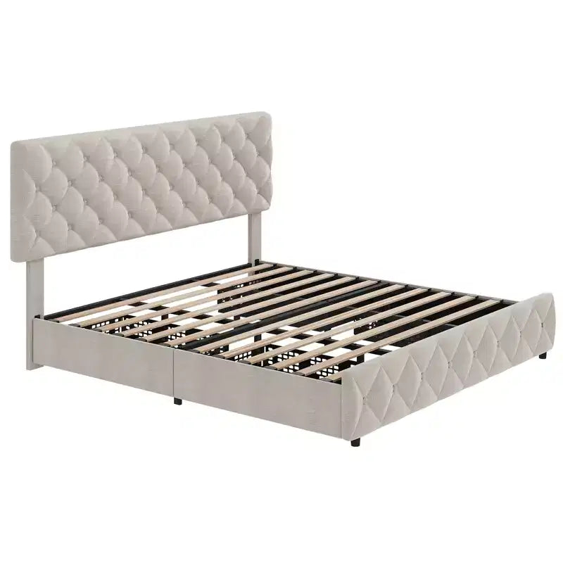 Modern Upholstered Bed Frame with Footboard, Adjustable Headboard, 4 Drawers Wooden and Slats Support